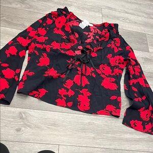 LOFT Black and Red Floral Ruffle Blouse
